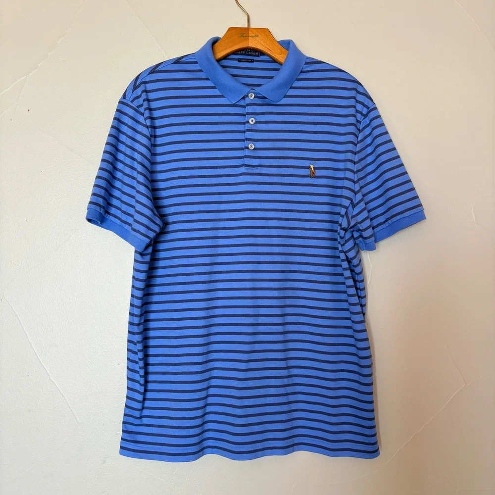 Polo Ralph Lauren Classic Fit Striped Blue Polo Shirt‎ Short Sleeve Men SZ Large